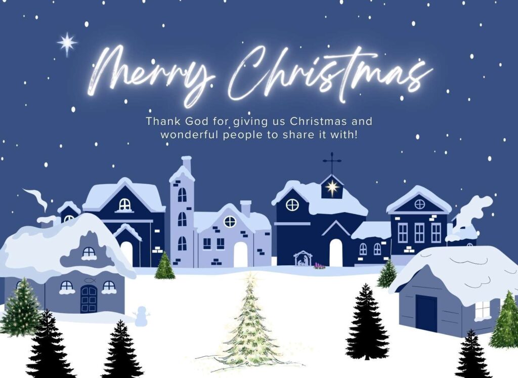 A sleepy town covered in snow with a church in the middle.