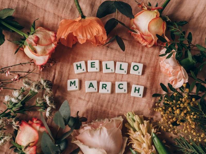 Flowers around tiles that read "Hello March"
