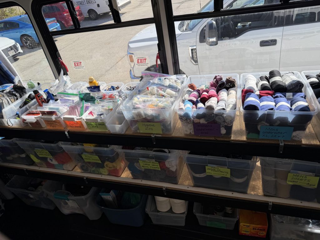 Essential items stocked inside of the Mobile Outreach van.