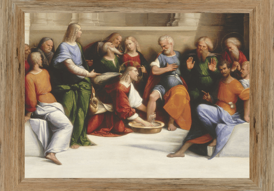 A painting of Christ Washing the Disciples feet with a wooden frame around it.